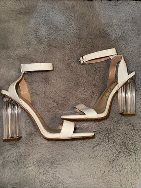 Women’s White Ankle-Strap Heeled Sandals with Clear Block Heel 6.5 - BRAND NEW!